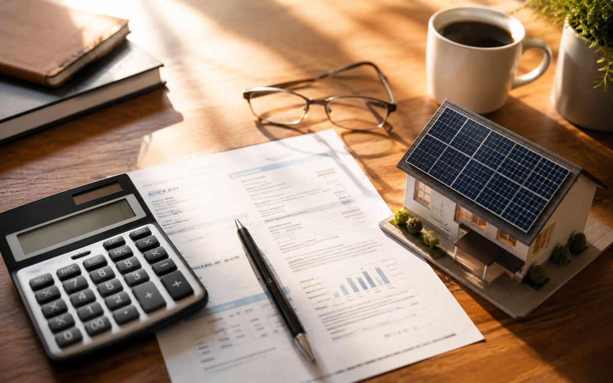 Calculator and solar panel figures on a table