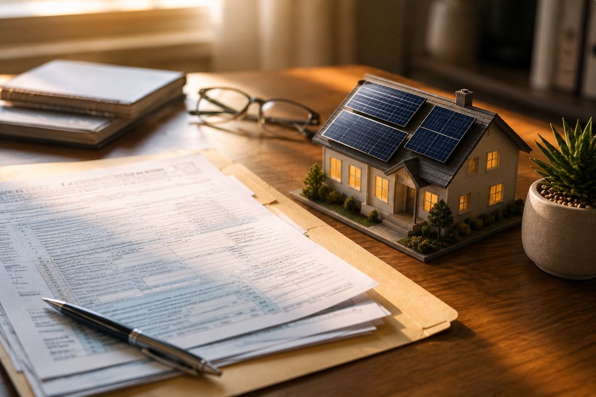 Tax documents beside a model solar home
