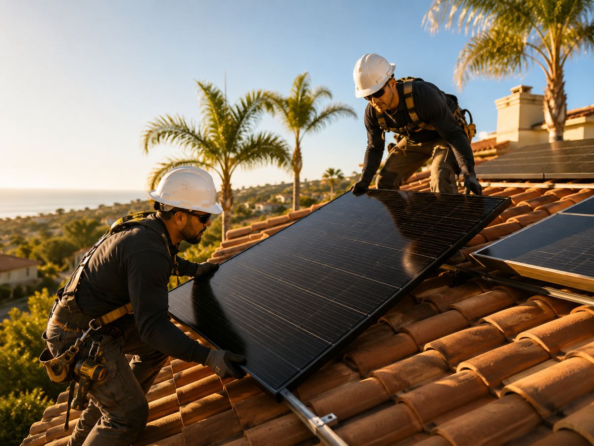 Installer mounting solar panels on a tile roof